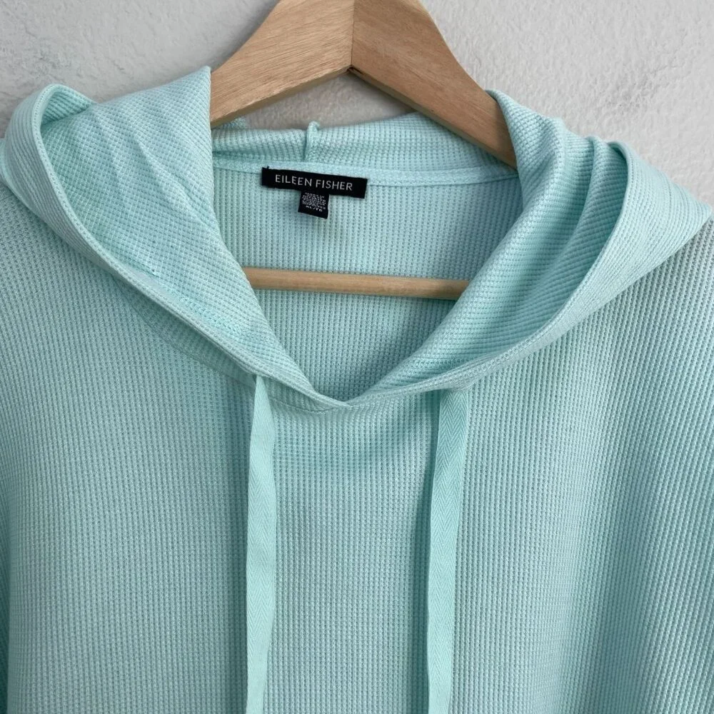 Eileen Fisher Womens XL Cozy Waffle Knit Hooded Top Boxy Fit Pullover‎ Mint